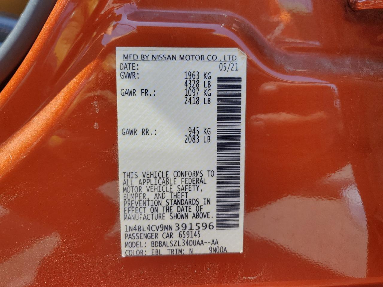 2021 Nissan Altima Sr VIN: 1N4BL4CV9MN391596 Lot: 64394995