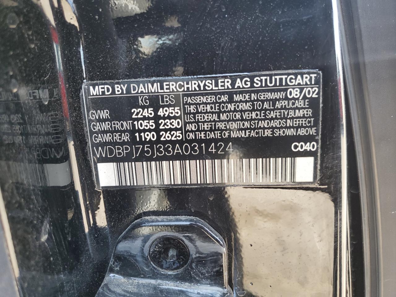 2003 Mercedes-Benz Cl 500 VIN: WDBPJ75J33A031424 Lot: 65088795