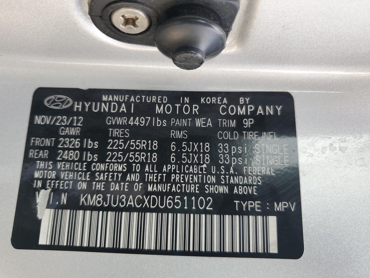 km8ju3acxdu651102 KM8JU3ACXDU651102 2013 Hyundai Tucson Gls