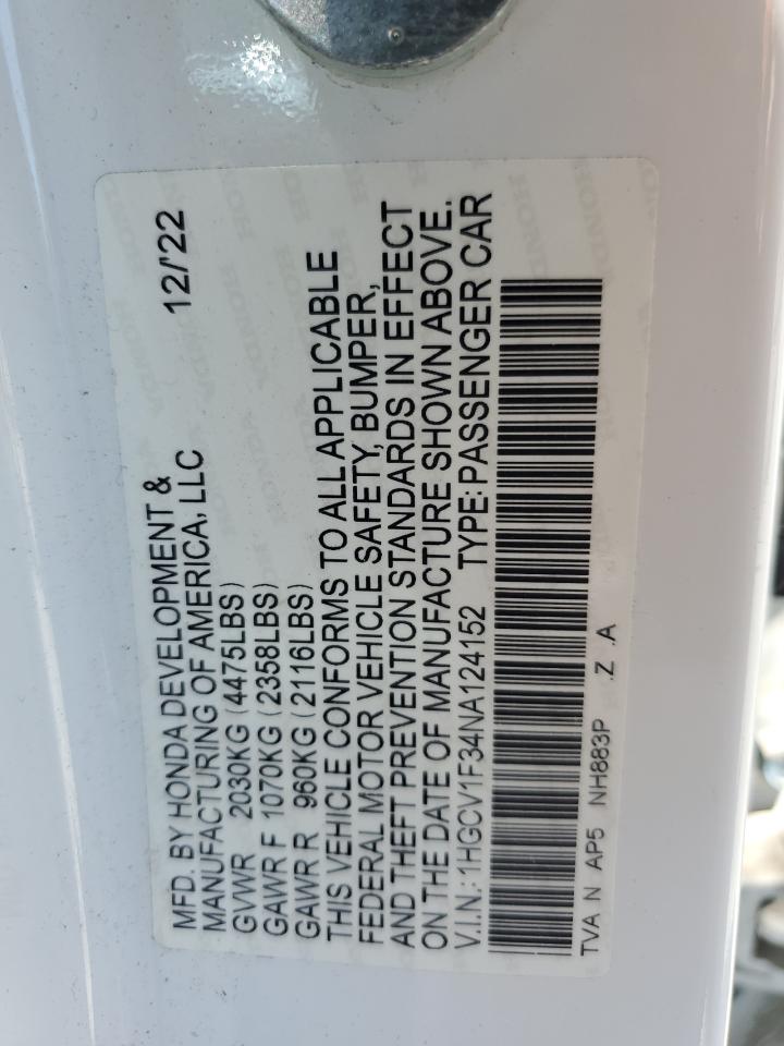 2022 Honda Accord Sport VIN: 1HGCV1F34NA124152 Lot: 65320615