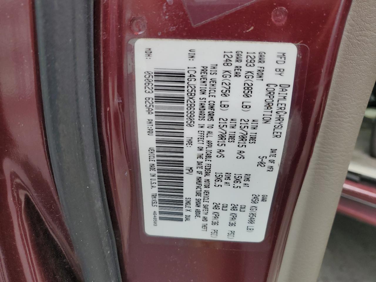 2002 Chrysler Voyager VIN: 1C4GJ25BX2B699050 Lot: 65036755