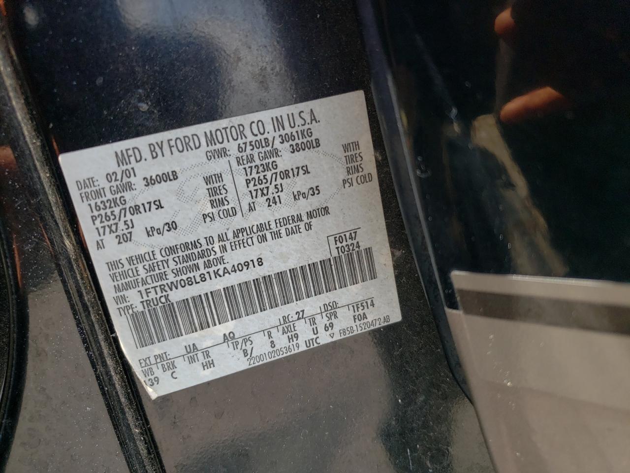 2001 Ford F150 Supercrew VIN: 1FTRW08L81KA40918 Lot: 63389195