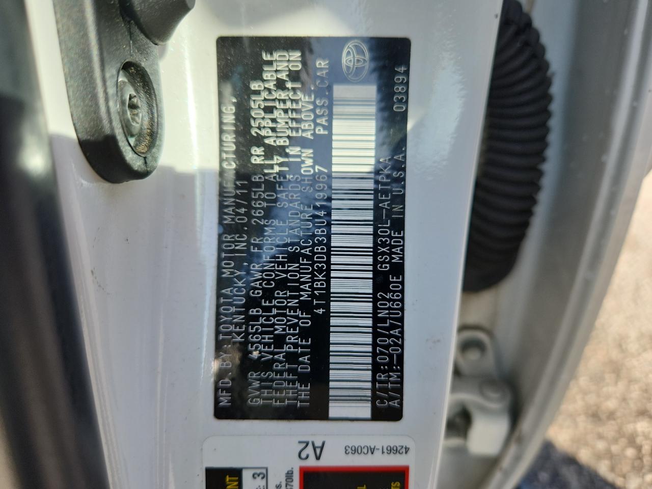 2011 Toyota Avalon Base VIN: 4T1BK3DB3BU419967 Lot: 64359745