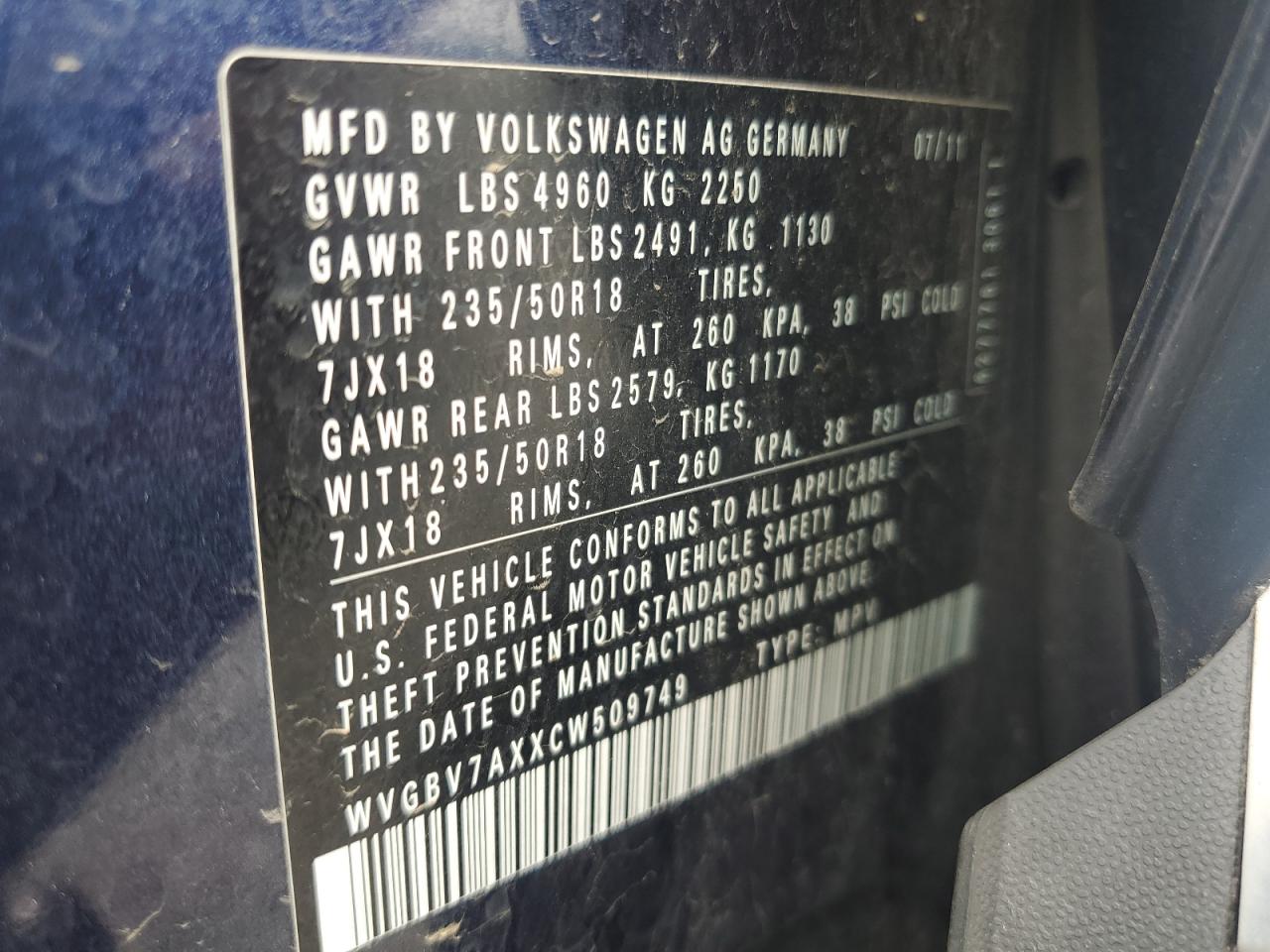 2012 Volkswagen Tiguan S VIN: WVGBV7AXXCW509749 Lot: 63811465