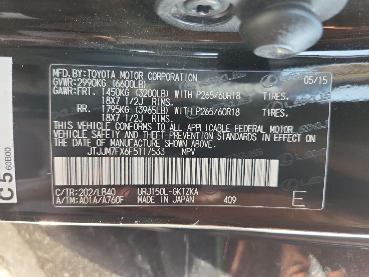 2015 Lexus Gx 460 Premium VIN: JTJJM7FX6F5117533 Lot: 65205475