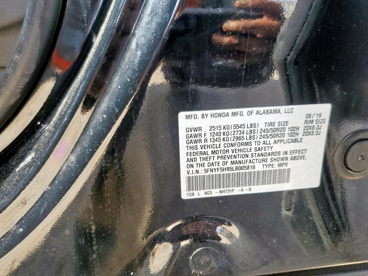 2020 Honda Pilot Touring VIN: 5FNYF5H95LB005816 Lot: 63781565