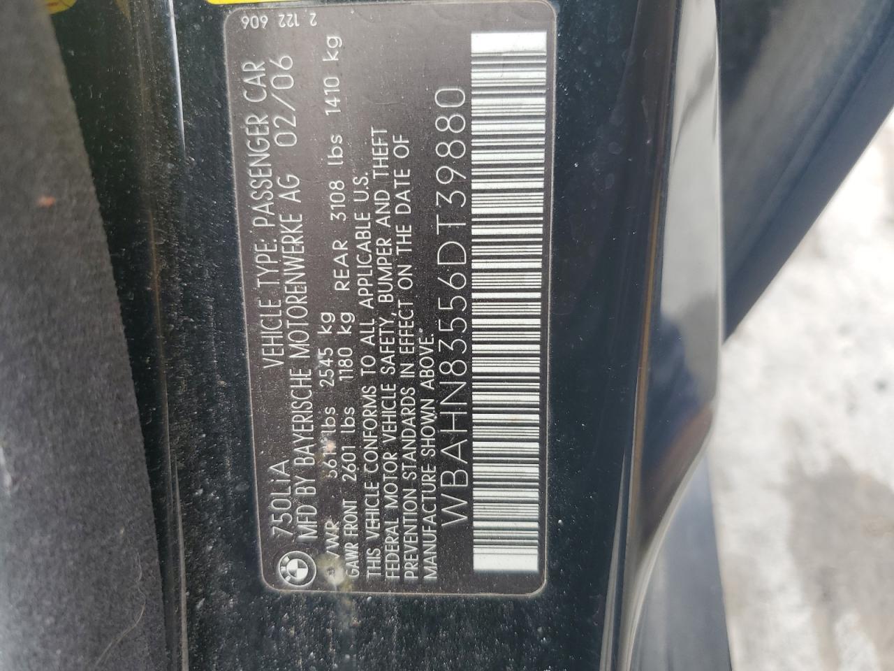 2006 BMW 750 Li VIN: WBAHN83556DT39880 Lot: 64080795