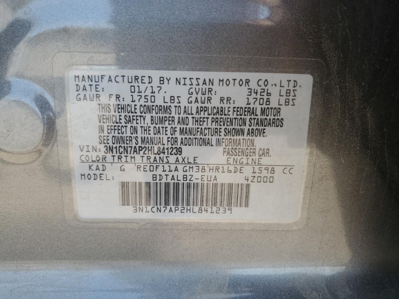 2017 Nissan Versa S VIN: 3N1CN7AP2HL841239 Lot: 63044515