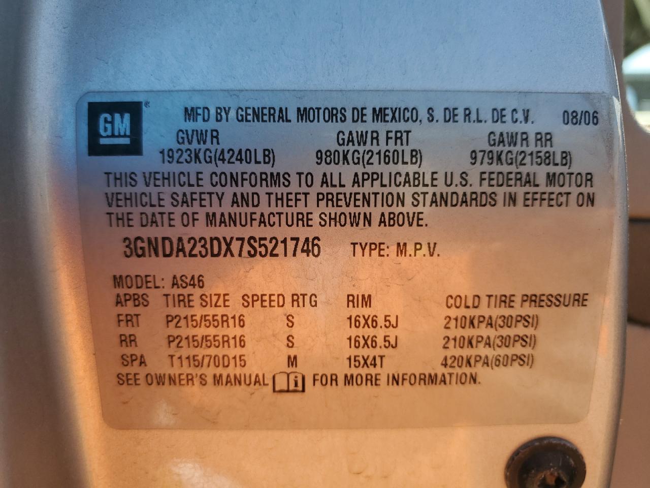 2007 Chevrolet Hhr Lt VIN: 3GNDA23DX7S521746 Lot: 63184165
