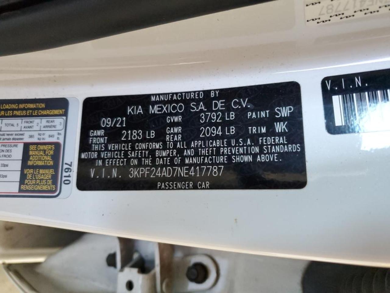 2022 Kia Forte Fe VIN: 3KPF24AD7NE417787 Lot: 63628485