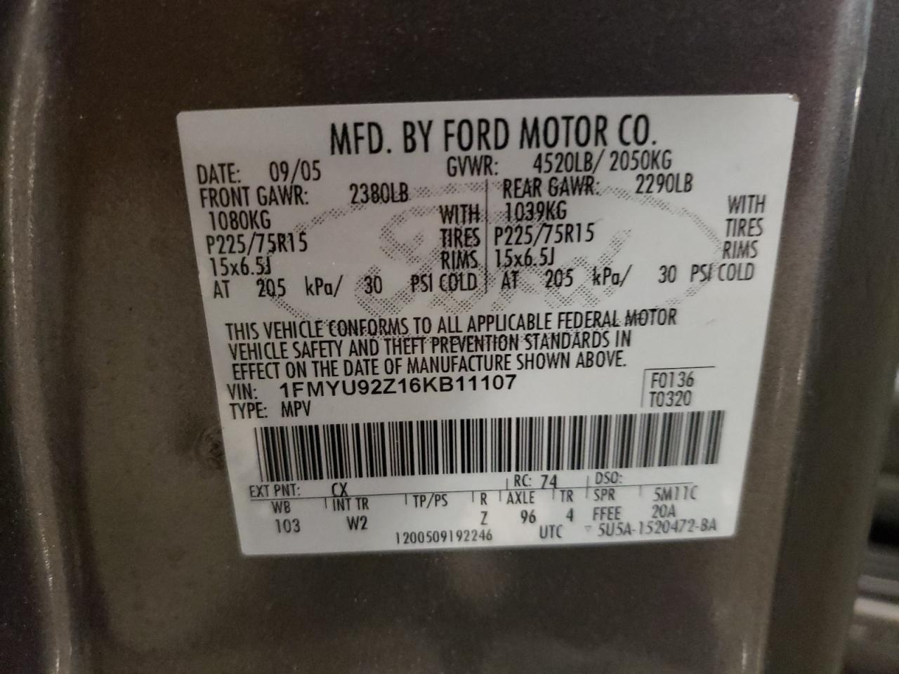 2006 Ford Escape Xls VIN: 1FMYU92Z16KB11107 Lot: 63121055