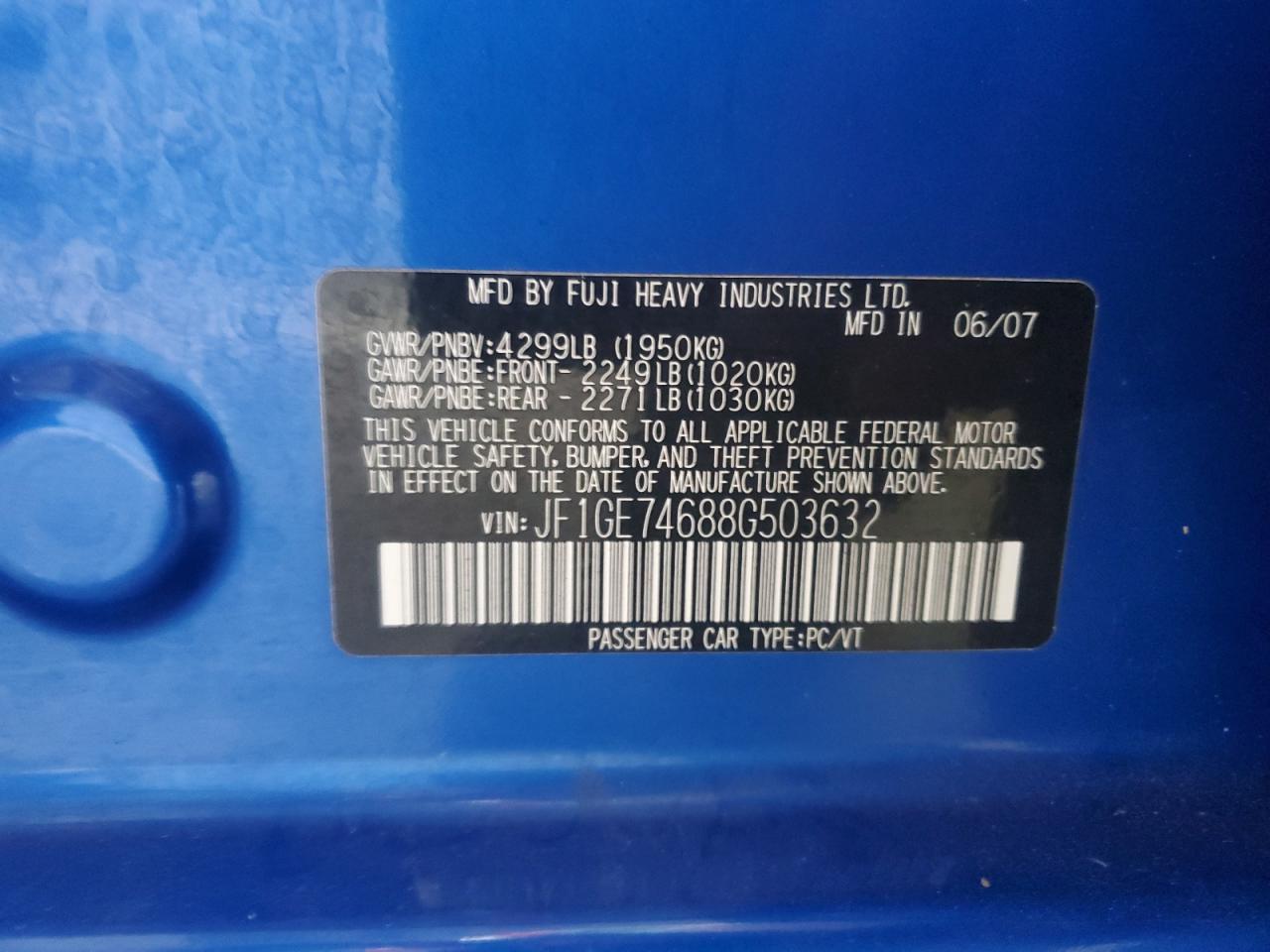 2008 Subaru Impreza Wrx VIN: JF1GE74688G503632 Lot: 62926655