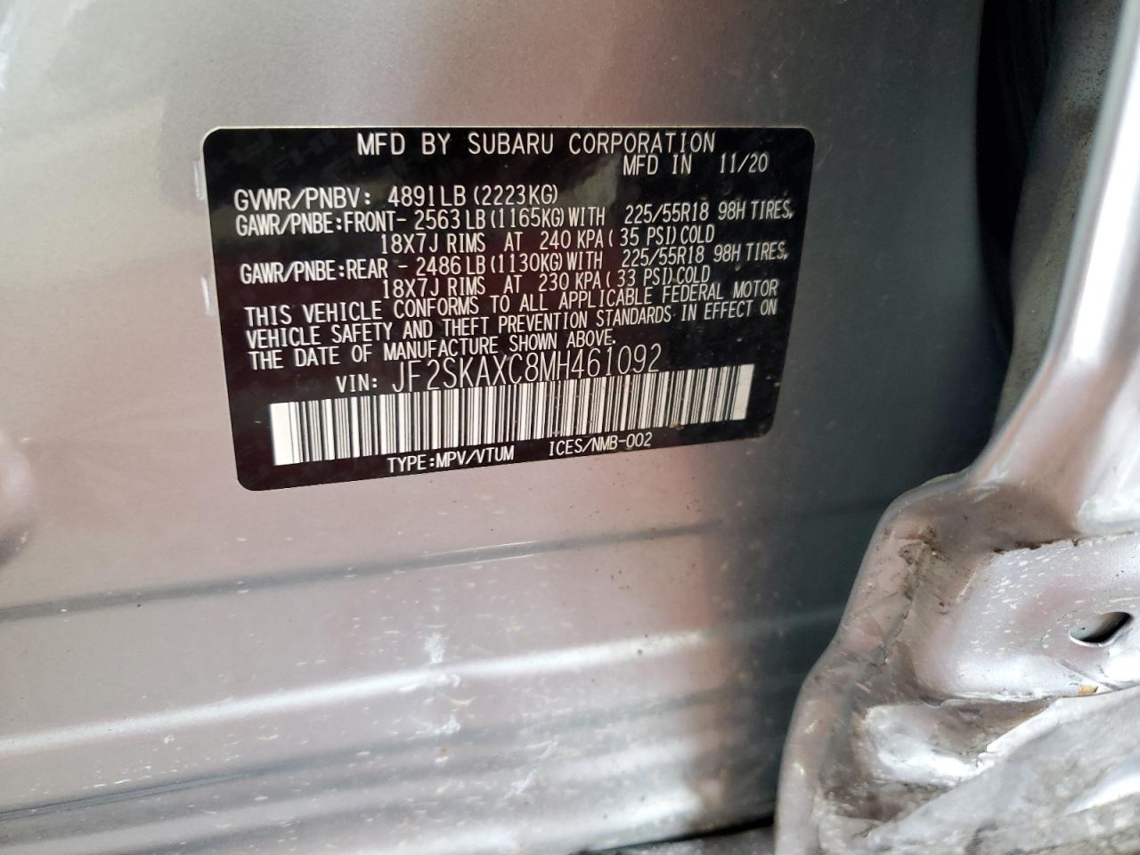 2021 Subaru Forester Touring VIN: JF2SKAXC8MH461092 Lot: 63675875