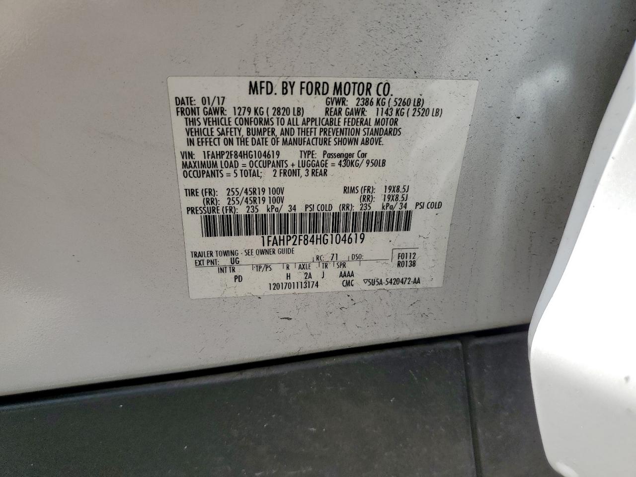 2017 Ford Taurus Limited VIN: 1FAHP2F84HG104619 Lot: 64575845