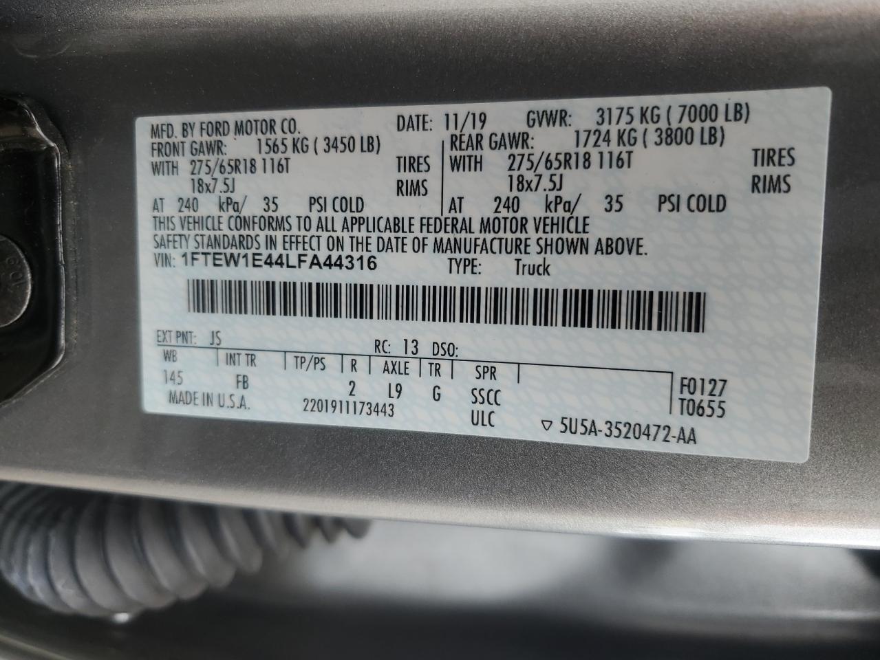 2020 Ford F150 Supercrew VIN: 1FTEW1E44LFA44316 Lot: 64506735