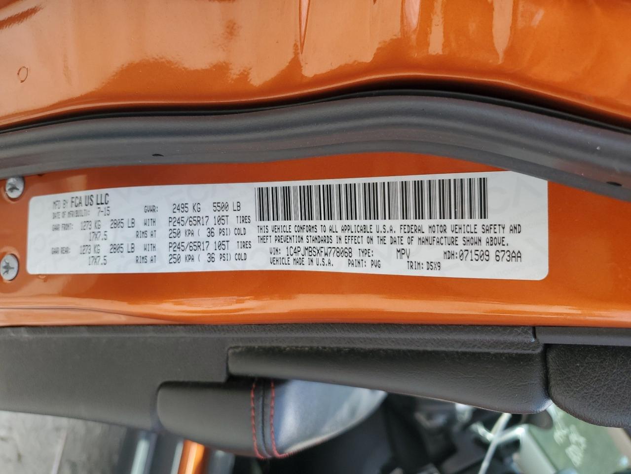 2015 Jeep Cherokee Trailhawk VIN: 1C4PJMBSXFW778068 Lot: 65520635