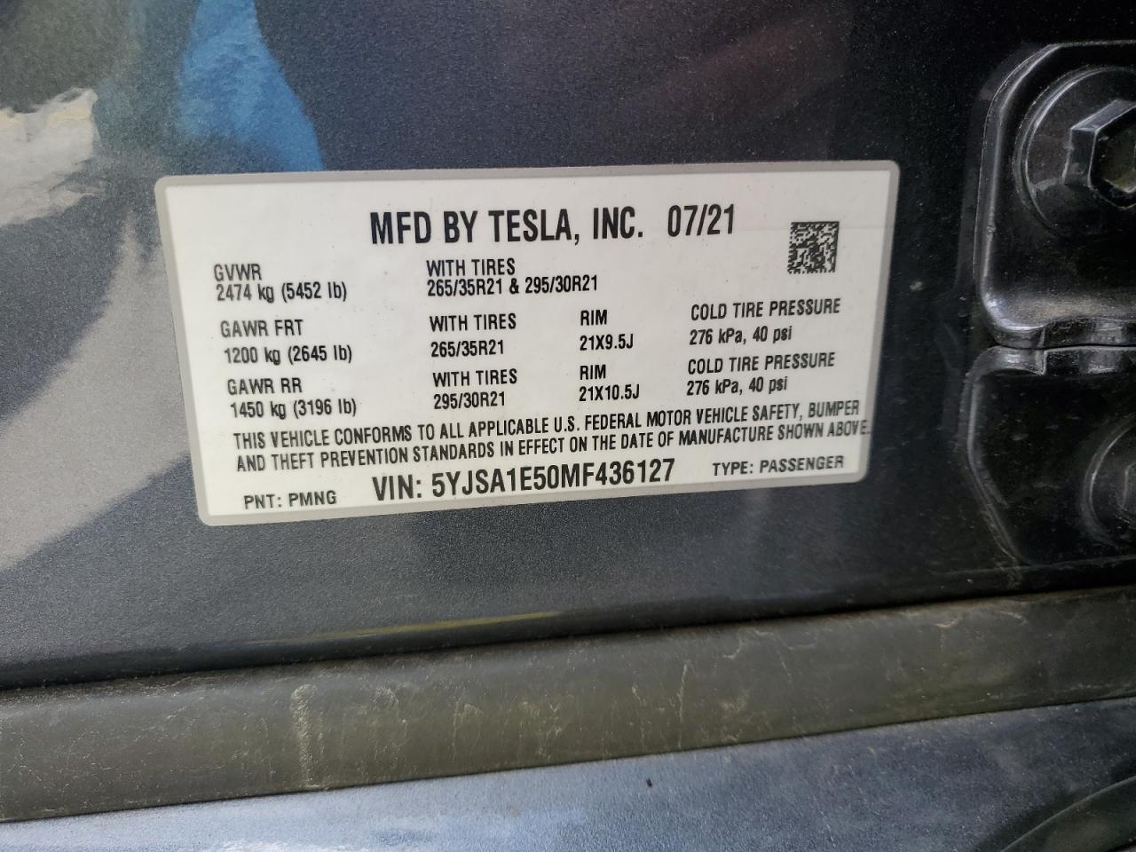 2021 Tesla Model S VIN: 5YJSA1E50MF436127 Lot: 65344645