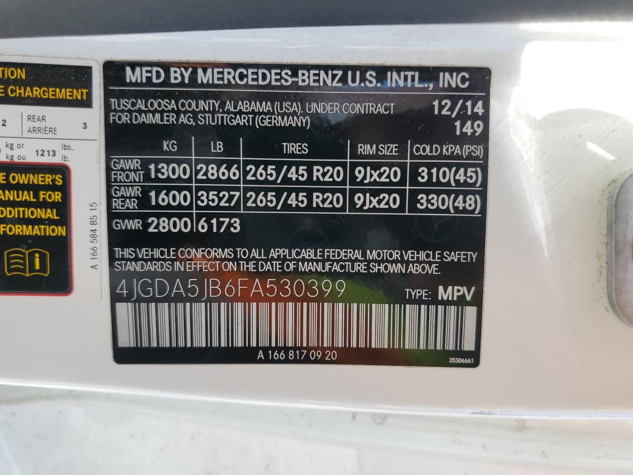2015 Mercedes-Benz Ml 350 VIN: 4JGDA5JB6FA530399 Lot: 64025405
