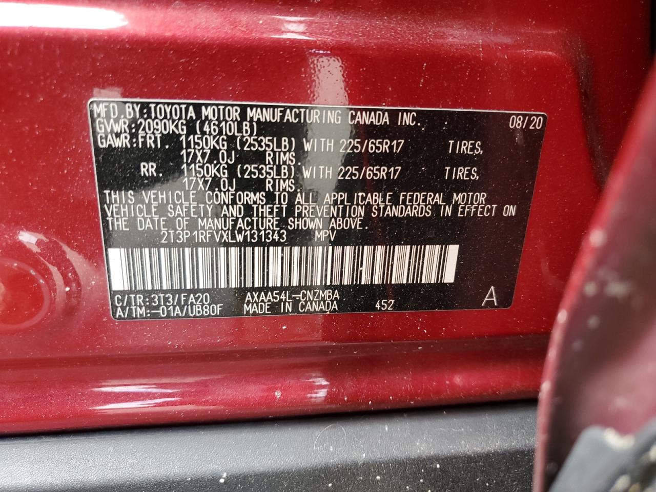 2020 Toyota Rav4 Xle VIN: 2T3P1RFVXLW131343 Lot: 63846045