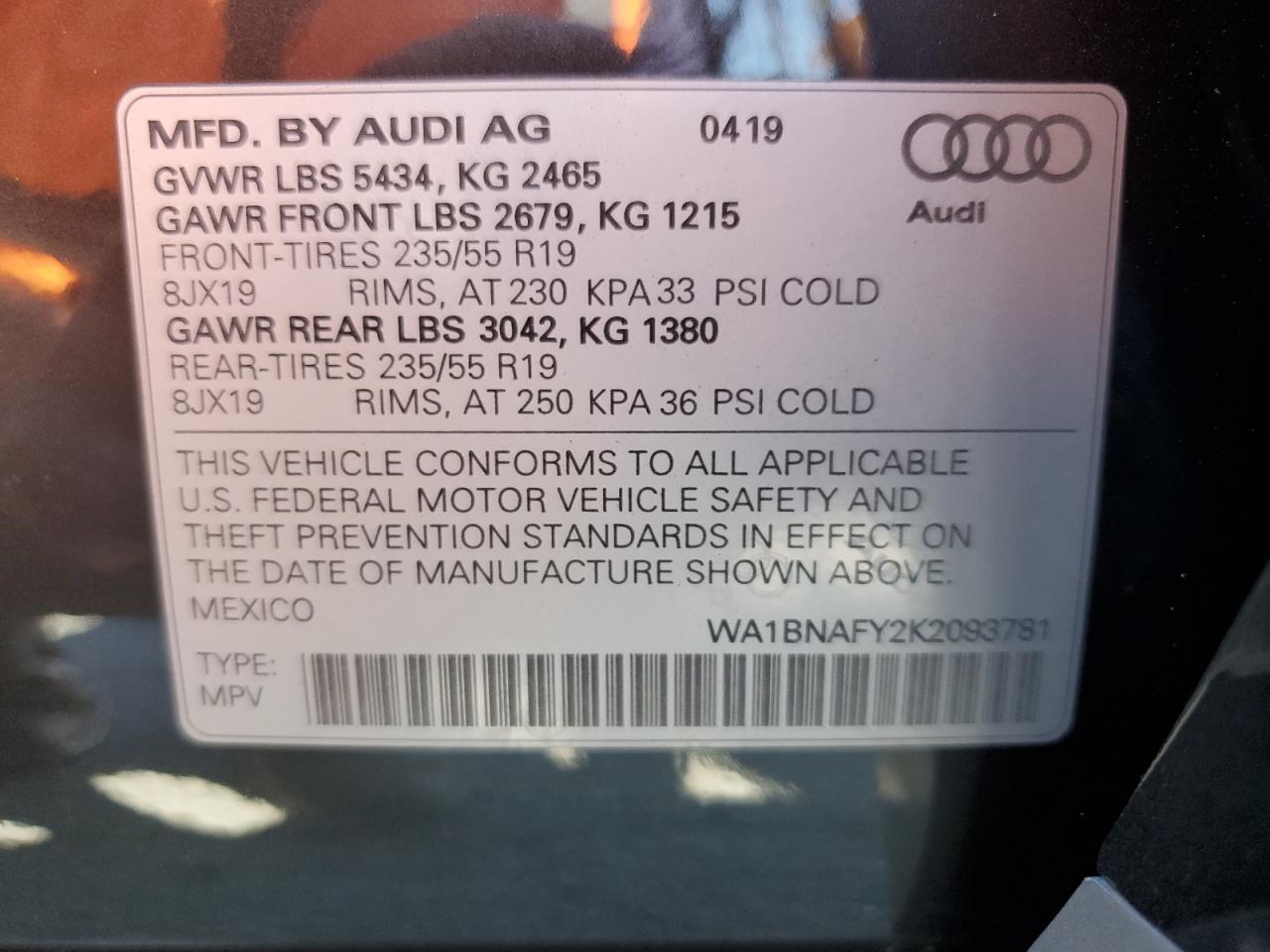 wa1bnafy2k2093781 WA1BNAFY2K2093781 2019 Audi Q5 Premium Plus