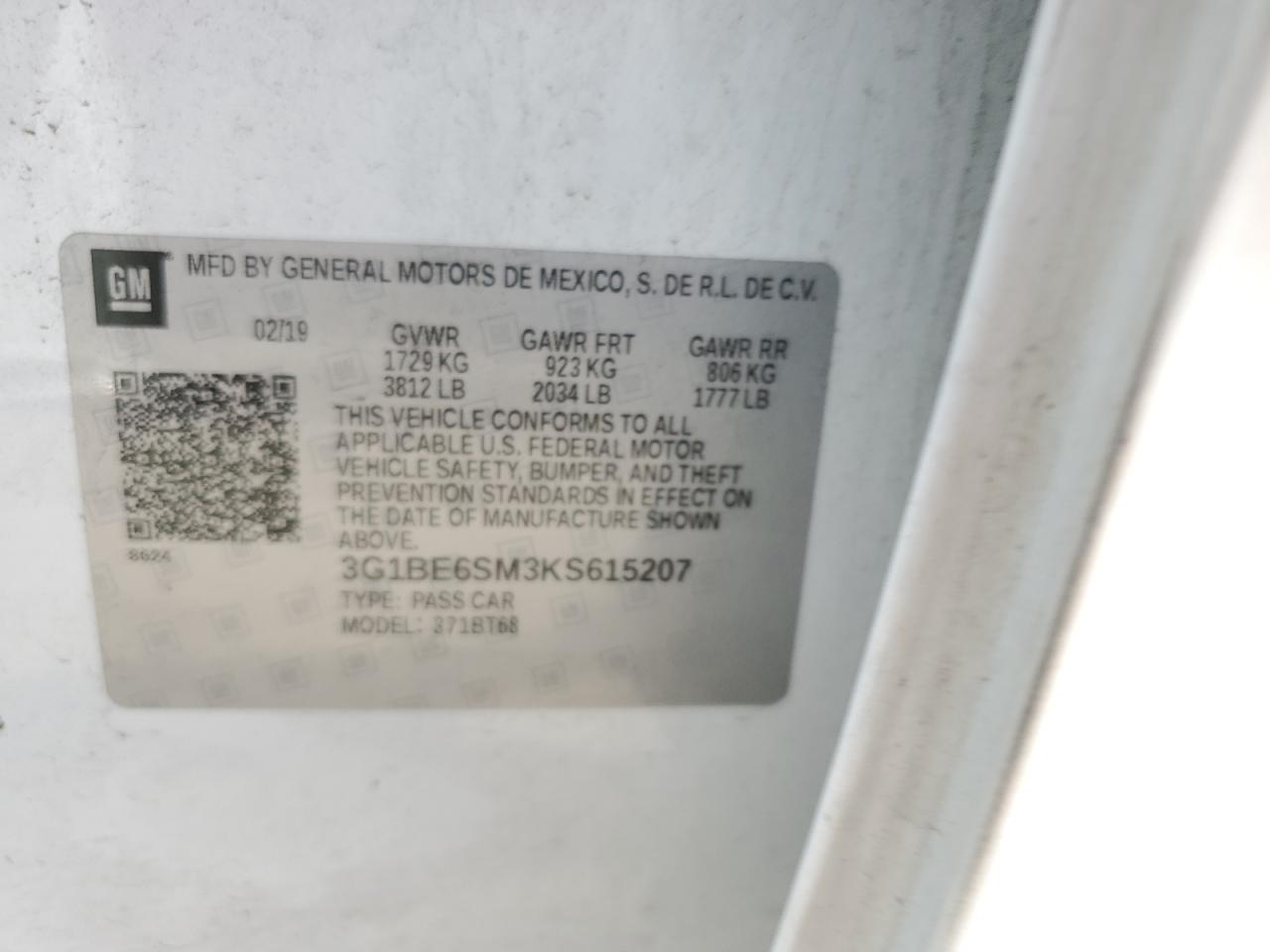 2019 Chevrolet Cruze Lt VIN: 3G1BE6SM3KS615207 Lot: 64144375