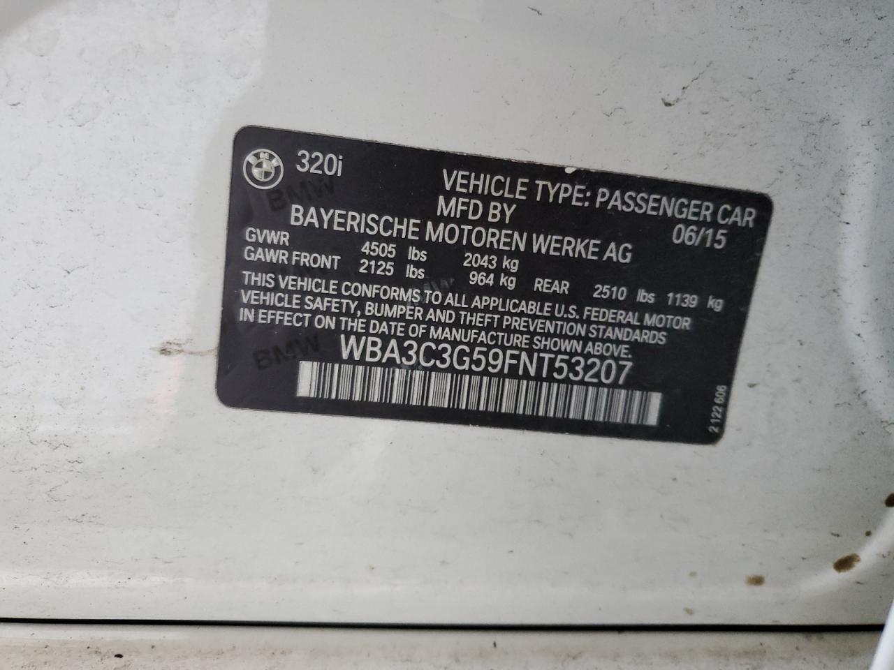 2015 BMW 320 I xDrive VIN: WBA3C3G59FNT53207 Lot: 66102595