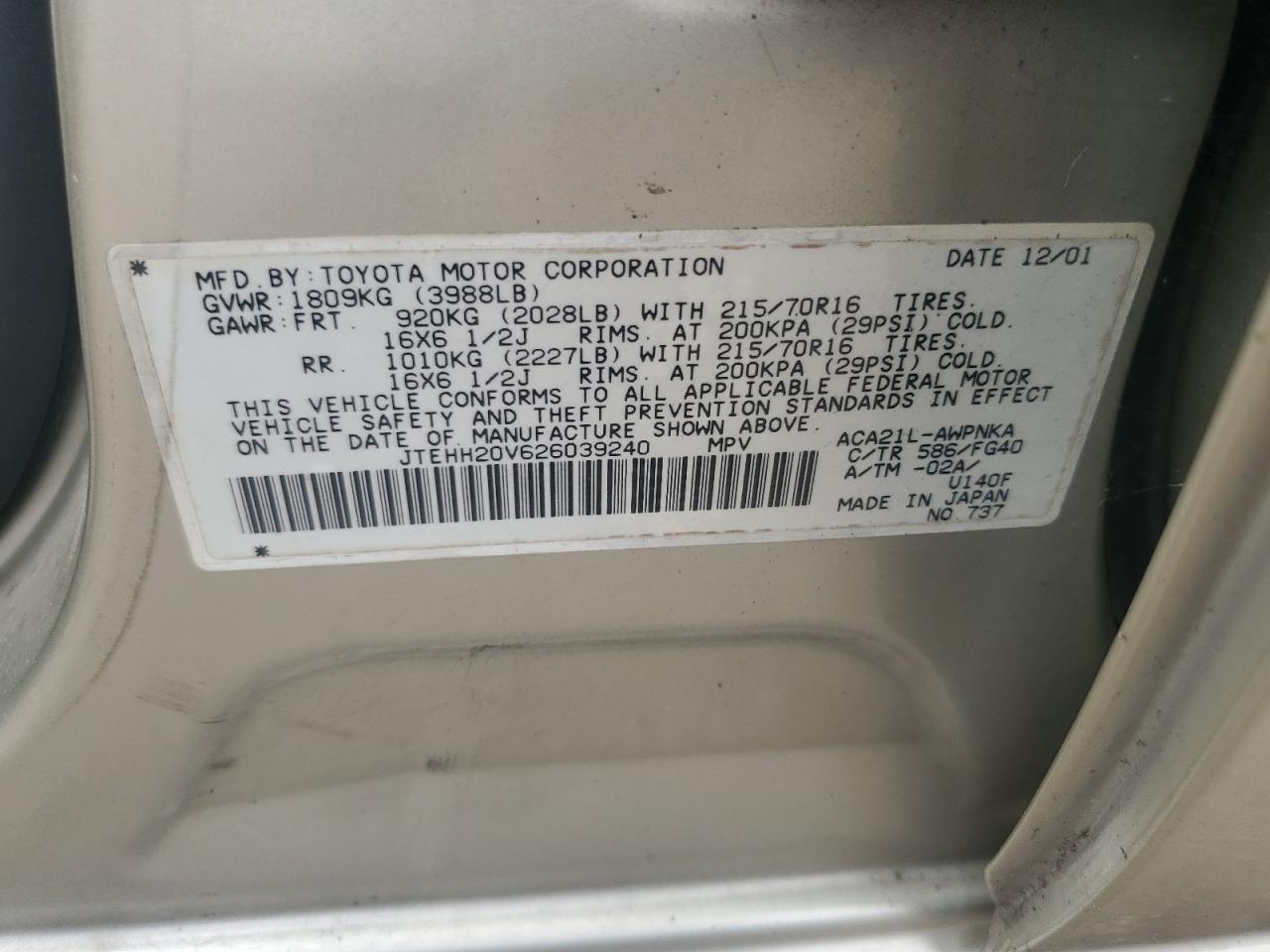 2002 Toyota Rav4 VIN: JTEHH20V626039240 Lot: 64161635