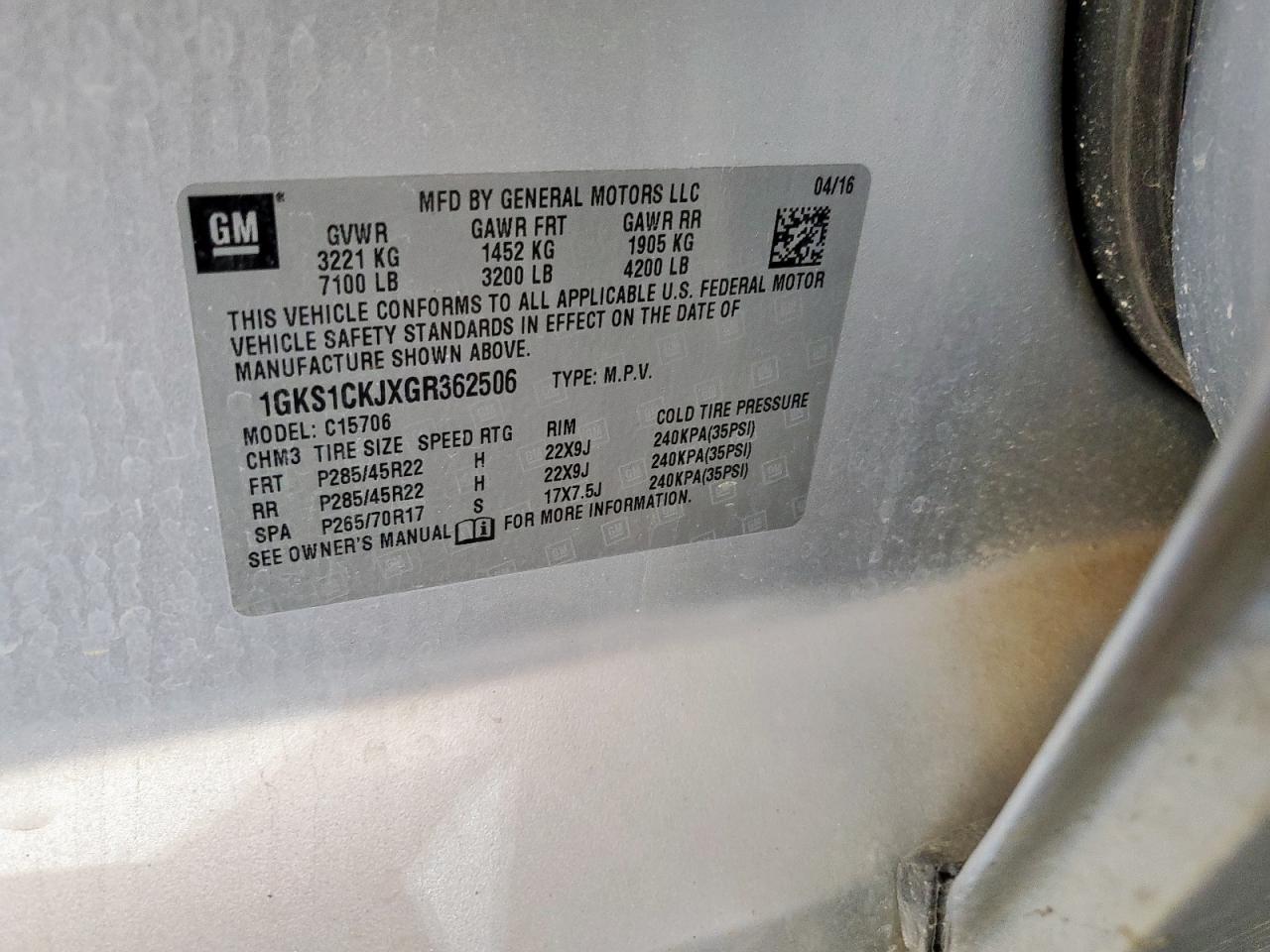 2016 GMC Yukon Denali VIN: 1GKS1CKJXGR362506 Lot: 66042125