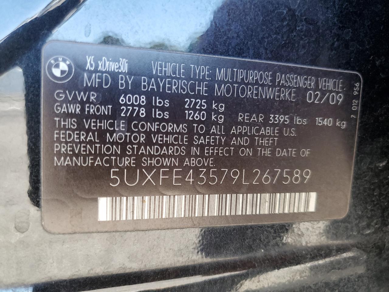 2009 BMW X5 xDrive30I VIN: 5UXFE43579L267589 Lot: 63869325