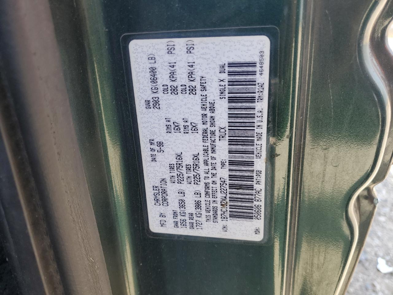 1998 Dodge Ram 1500 VIN: 1B7HC13ZXWJ227547 Lot: 63318115