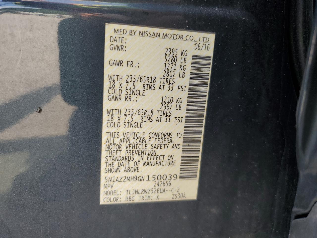 5N1AZ2MH9GN150039 2016 Nissan Murano S