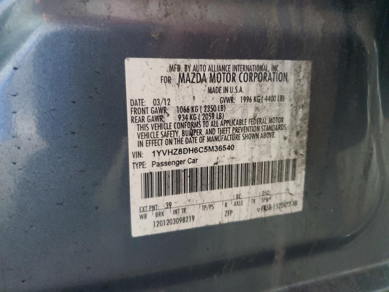 2012 Mazda 6 I VIN: 1YVHZ8DH6C5M36540 Lot: 64372165