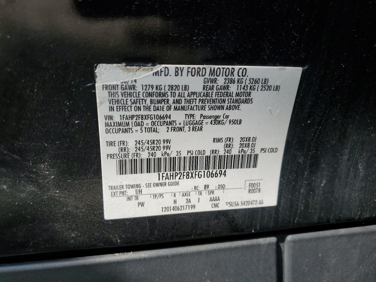 2015 Ford Taurus Limited VIN: 1FAHP2F8XFG106694 Lot: 66383525