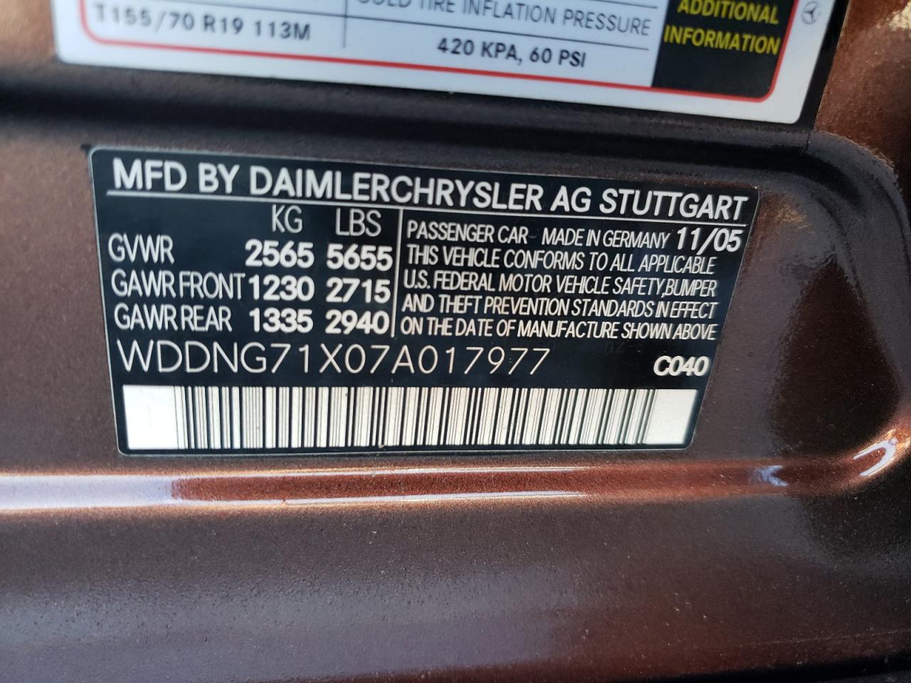 2007 Mercedes-Benz S 550 VIN: WDDNG71X07A017977 Lot: 66534995