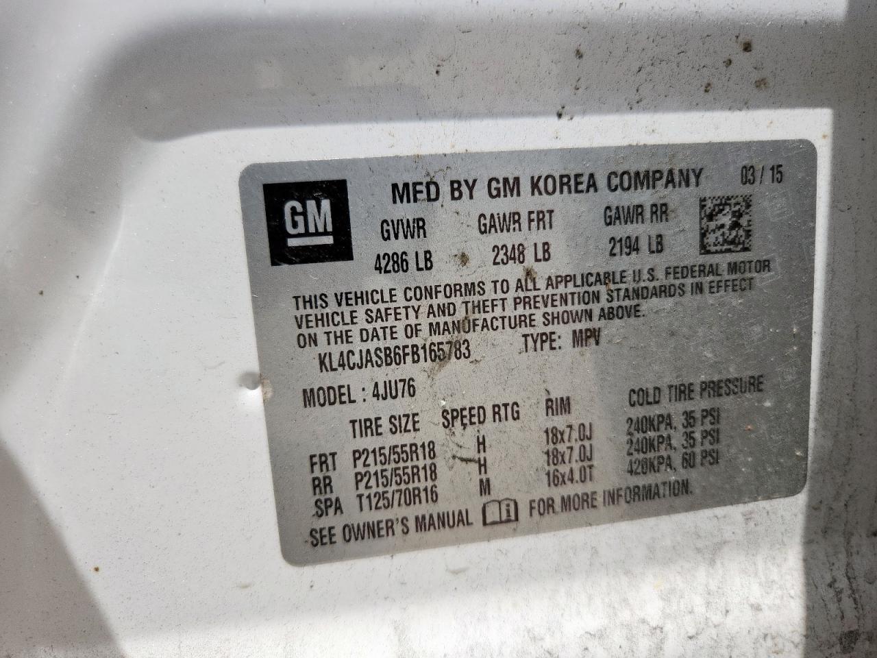 2015 Buick Encore VIN: KL4CJASB6FB165783 Lot: 65392295