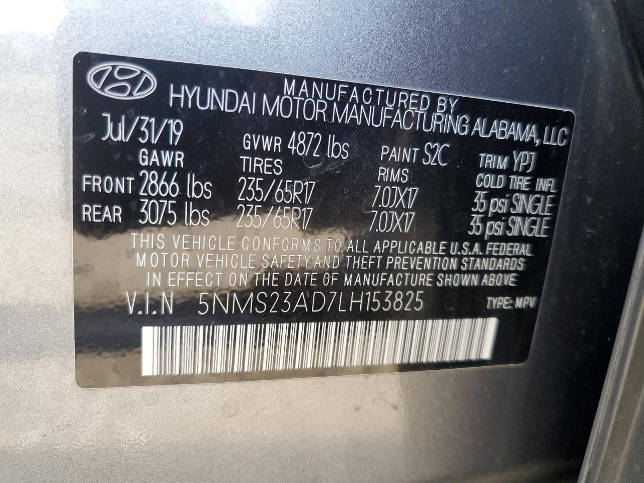 2020 Hyundai Santa Fe Se VIN: 5NMS23AD7LH153825 Lot: 62860285