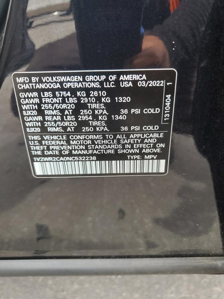 2022 Volkswagen Atlas Se VIN: 1V2WR2CA0NC532238 Lot: 63158335