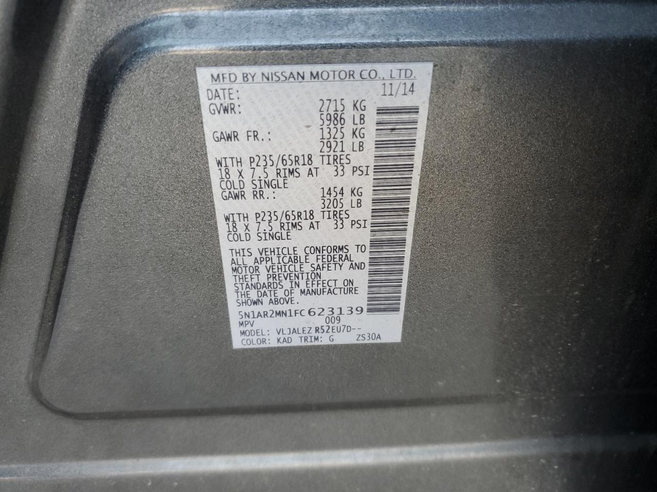 2015 Nissan Pathfinder S VIN: 5N1AR2MN1FC623139 Lot: 65528595