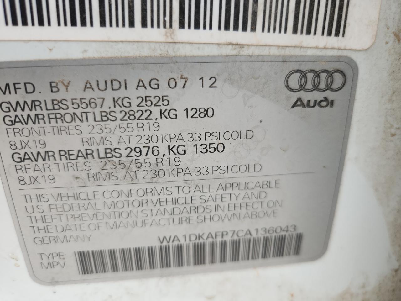 2012 Audi Q5 Premium Plus VIN: WA1DKAFP7CA136043 Lot: 61170475