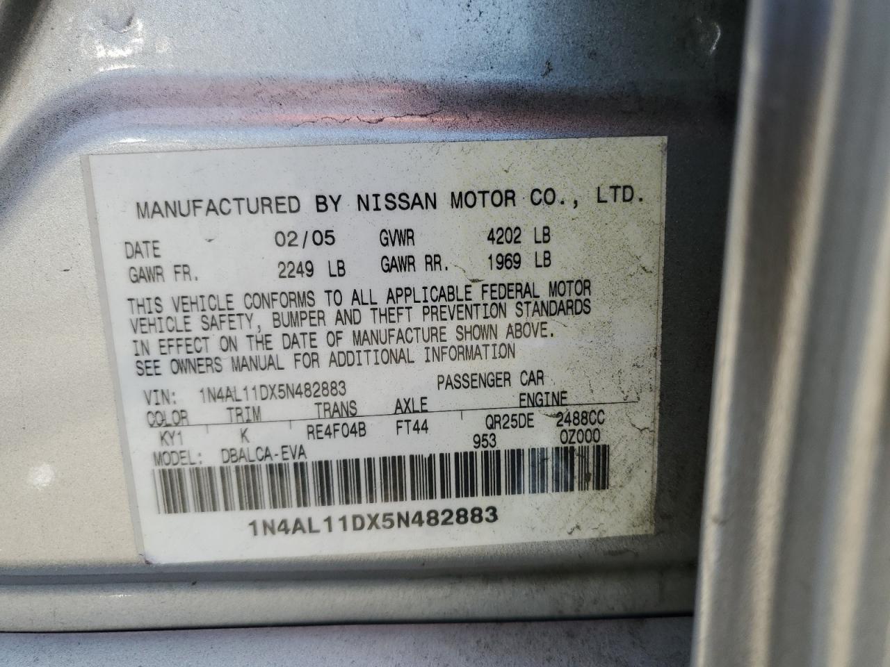 1n4al11dx5n482883 1N4AL11DX5N482883 2005 Nissan Altima S