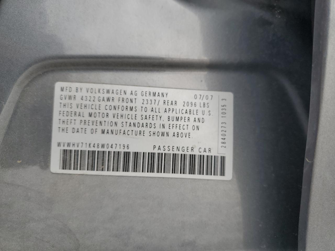 2008 Volkswagen Gti VIN: WVWHV71K48W047196 Lot: 62963775