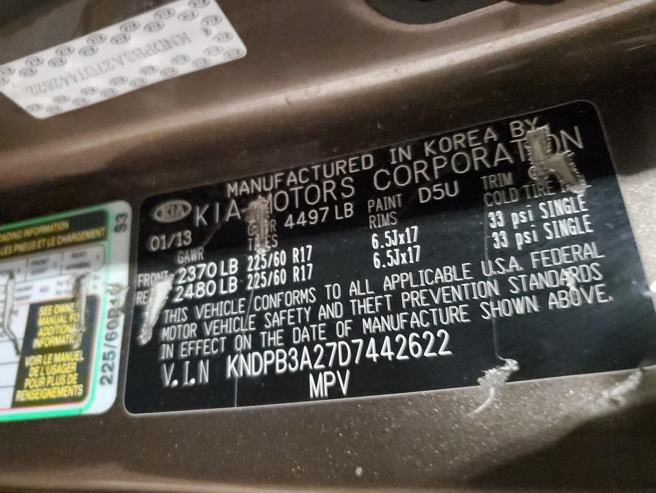 2013 Kia Sportage Base VIN: KNDPB3A27D7442622 Lot: 63309075