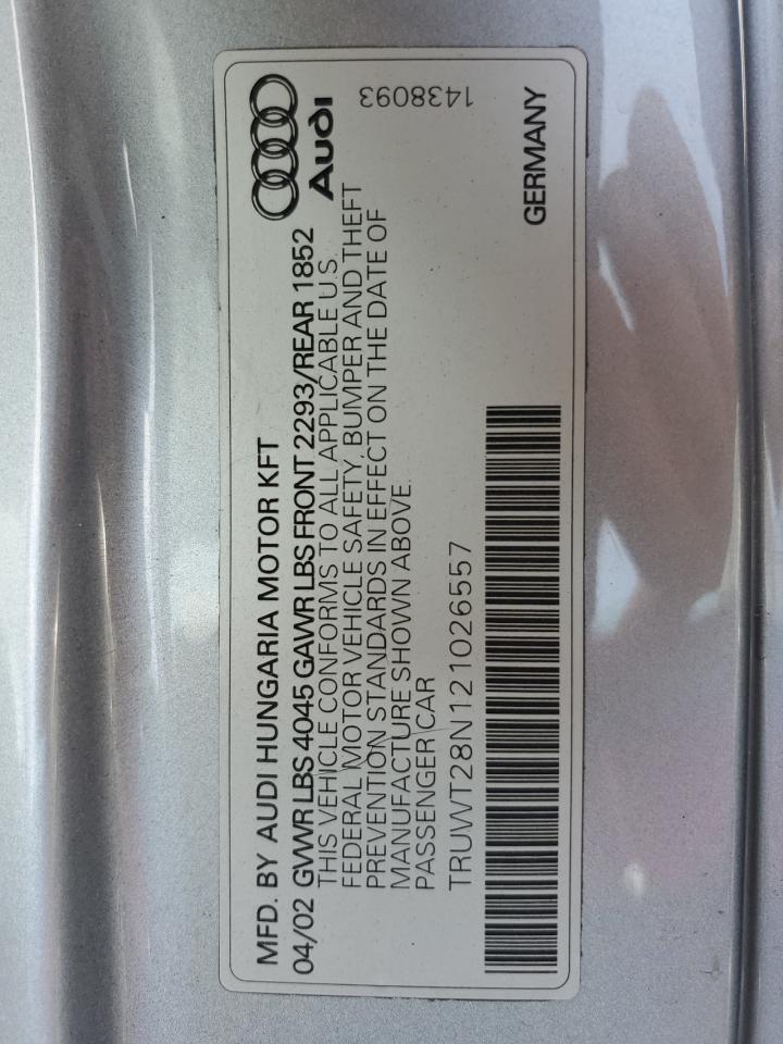 2002 Audi Tt Quattro VIN: TRUWT28N121026557 Lot: 62336185