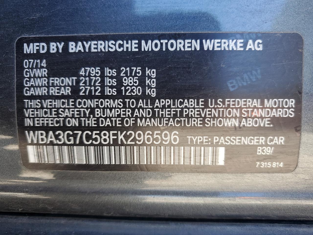 2015 BMW 328 Xi VIN: WBA3G7C58FK296596 Lot: 64612125