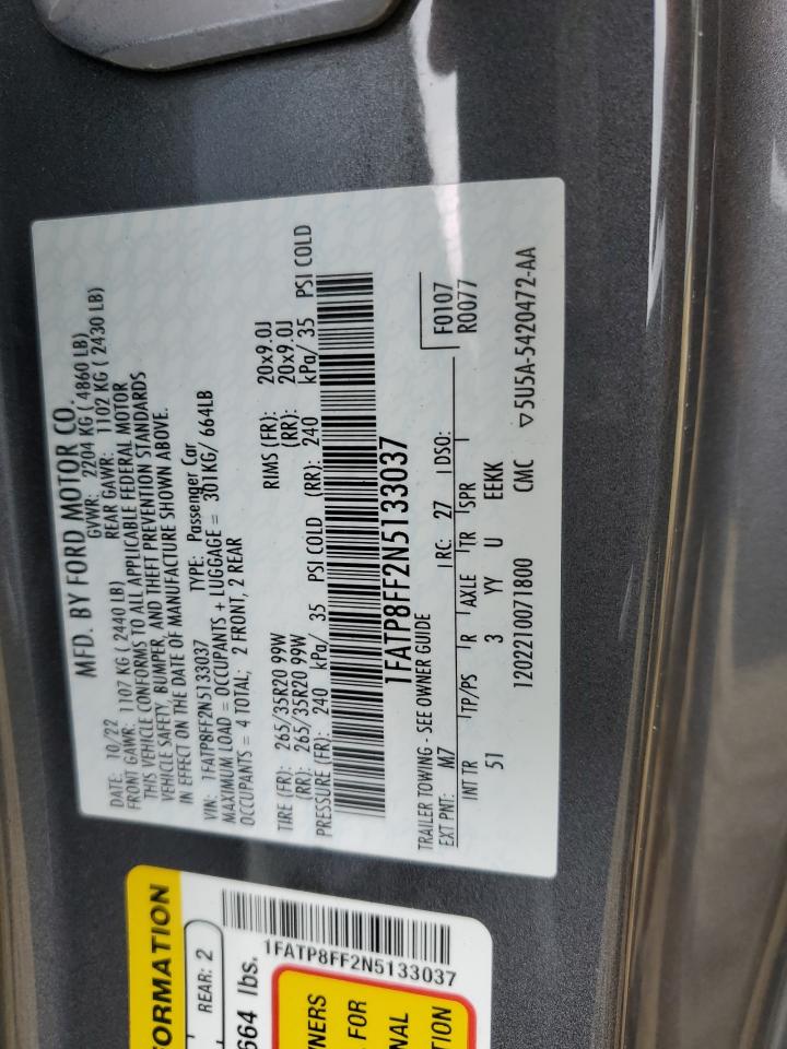 2022 Ford Mustang Gt VIN: 1FATP8FF2N5133037 Lot: 64236235