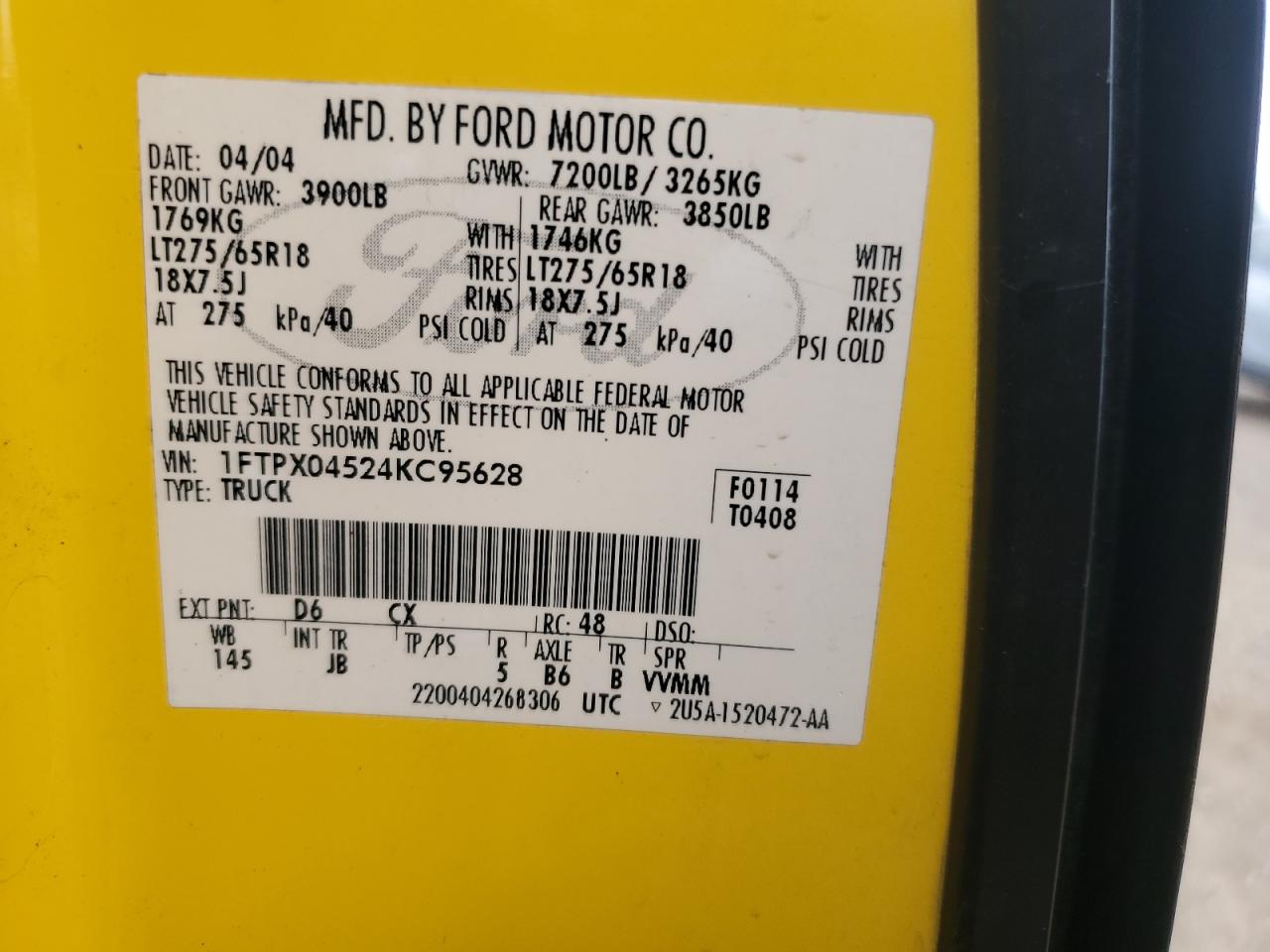 2004 Ford F150 VIN: 1FTPX04524KC95628 Lot: 66339485