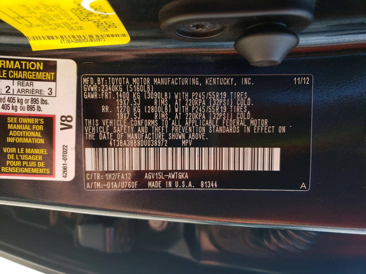 2013 Toyota Venza Le VIN: 4T3BA3BB8DU038972 Lot: 64460065