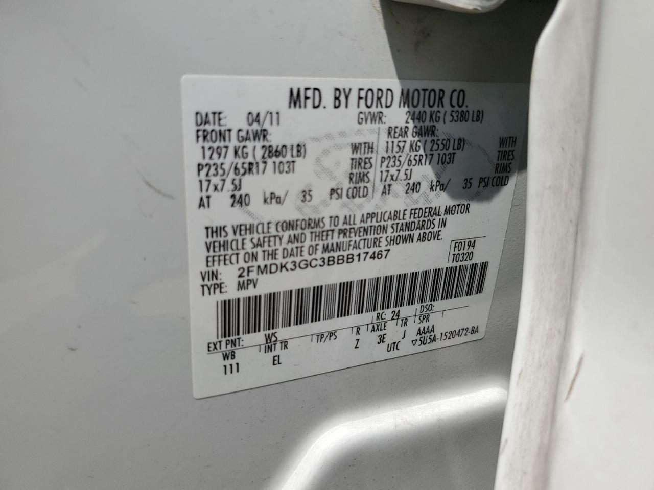 2011 Ford Edge Se VIN: 2FMDK3GC3BBB17467 Lot: 65052345