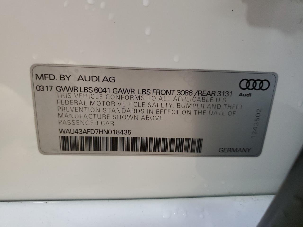2017 Audi A8 L Quattro VIN: WAU43AFD7HN018435 Lot: 61240195