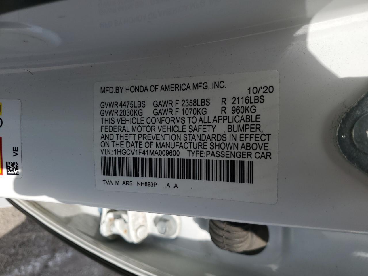 2021 Honda Accord Sport Se VIN: 1HGCV1F41MA009600 Lot: 65135085